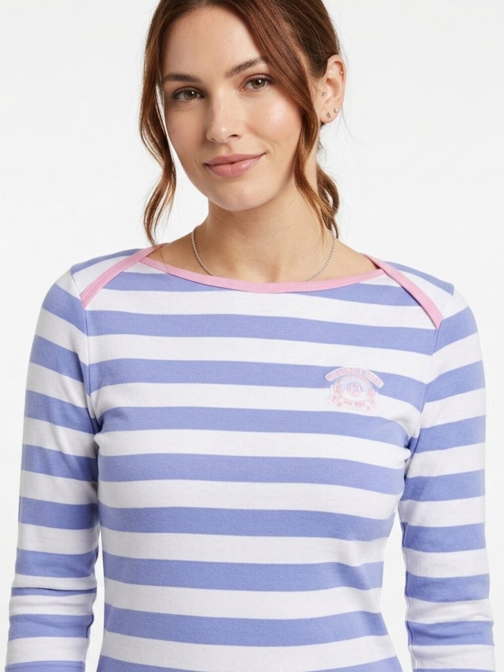 Ralph Lauren Women’s Blue and White Stripe Top with Pink Accents Size Medium